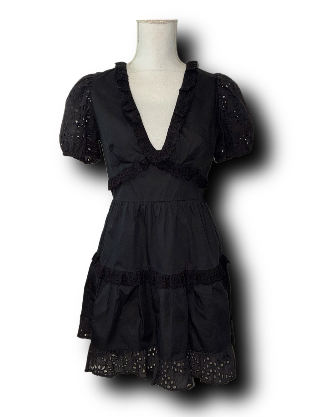 TCEC Black Eyelet Tiered V-Neck Cottagecore Whimsigoth Cotton Dress